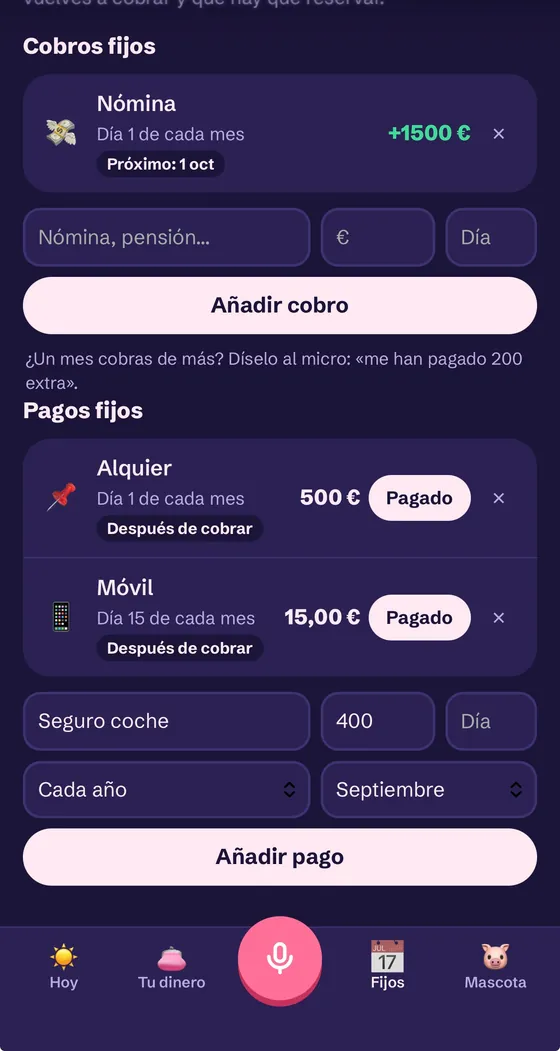 Pantalla de cobros y pagos fijos en modo oscuro, con la nómina, el alquiler y el móvil, y campos para añadir otros.